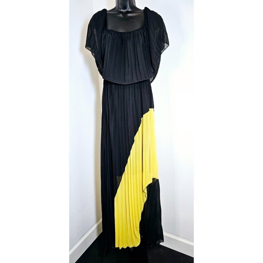 Vintage 1970s Pleated Maxi Sleevless Sheer Dress - Black and Yellow - SZ 2X